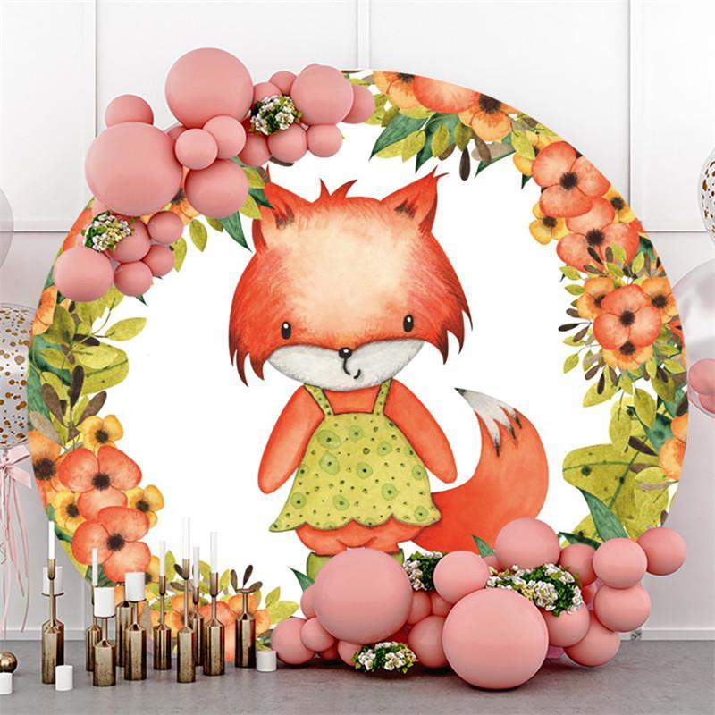 Lofaris Red Floral Circle Fox Cartoon Round Backdrops for Girls