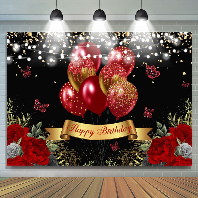 Lofaris Red Glitter Butterfly Gold Happy Birthday Backdrop