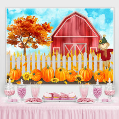 Lofaris Red House White Fence Scarecrow Pumpkin Autumn Backdrop