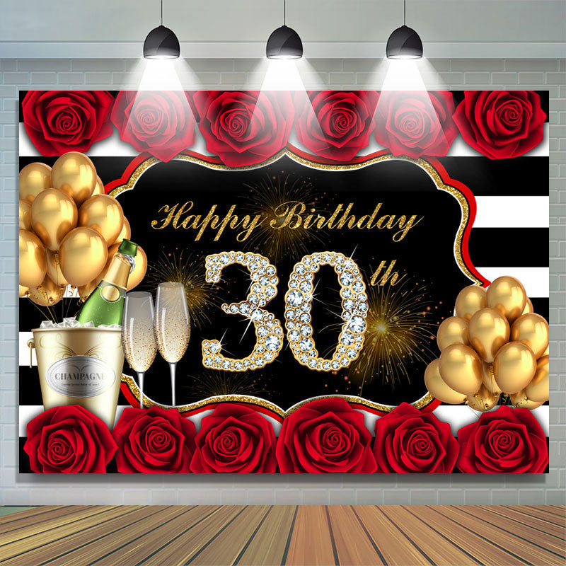 Lofaris Red Rose And Gold Balloon Happy 30Th Birthday Backdrop