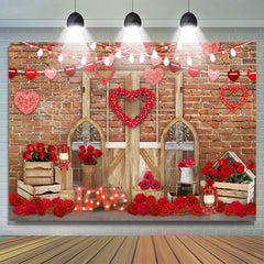 Lofaris Red Rose And Love With Light wood Door Brick Backdrop