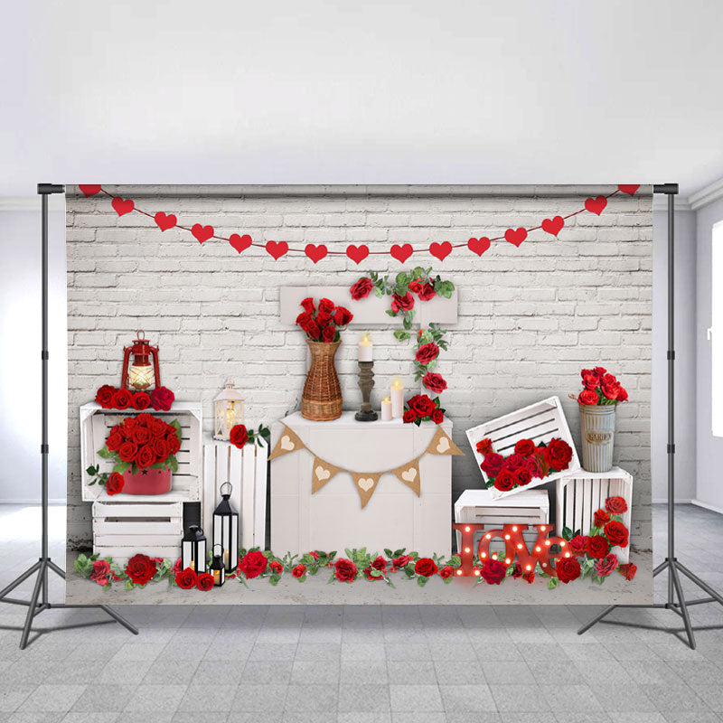 Lofaris Red Rose And White Brick Theme Backdrop For Decoration