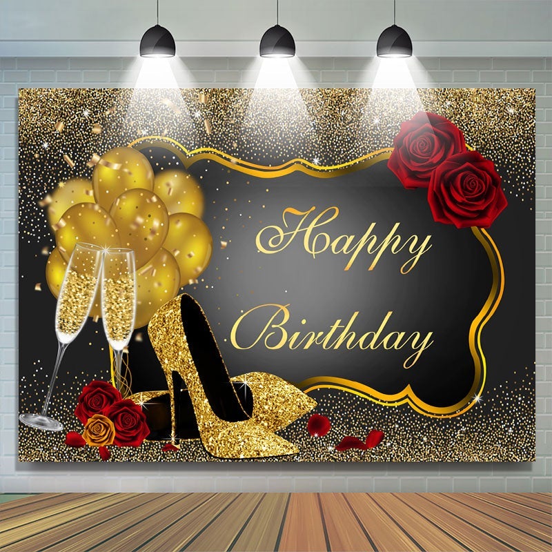 Lofaris Red Rose Floral Glitter Gold Happy Birthday Backdrop