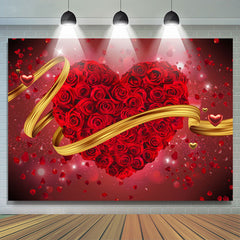 Lofaris Red Roses Heart With Gloden Ribbon Valentines Backdrop