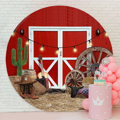 Lofaris Rodeo Red Wood Wall White Door Round Party Backdrop