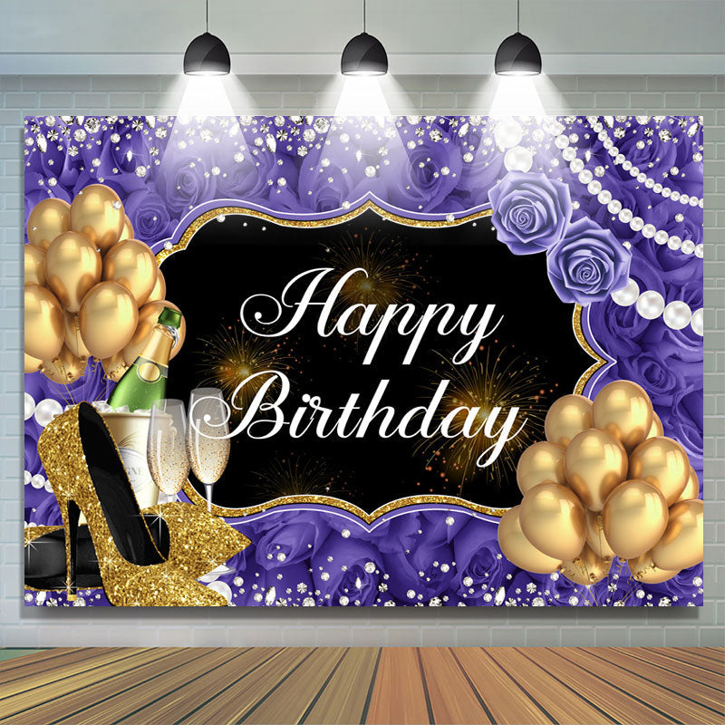 Lofaris Rose And Glitter Balloon Pearl Happy Birthday Backdrop