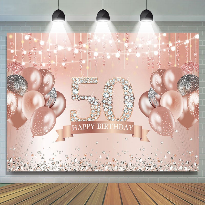 Lofaris Rose Gold Happy 50th Birthday Glitter Diamonds Balloons Backdrop