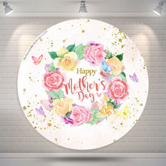 Lofaris Rose Wreath Gold Glitter Pink Round Mothers Day Backdrop