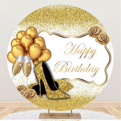 Lofaris Round Balloons Glitter Gold Happy Birthday Backdrop