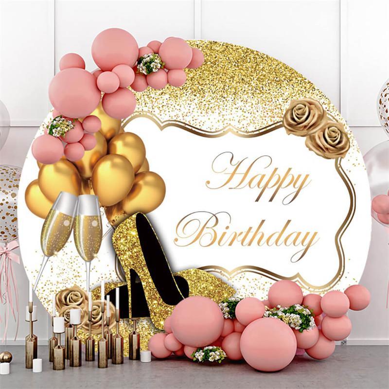 Lofaris Round Balloons Glitter Gold Happy Birthday Backdrop