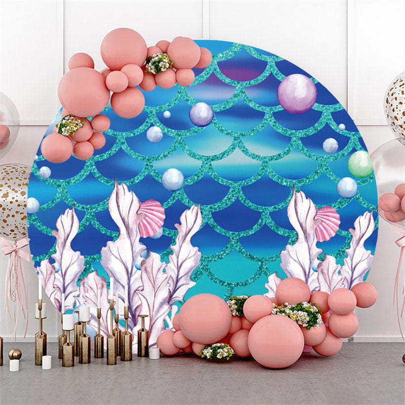 Lofaris Round Cyan And Blue Glitter Mermaid Birthday Backdrop