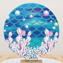 Lofaris Round Cyan And Blue Glitter Mermaid Birthday Backdrop