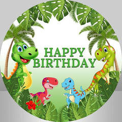 Lofaris Round Dinosaur And Green Leaves Happy Birthday Backdrop