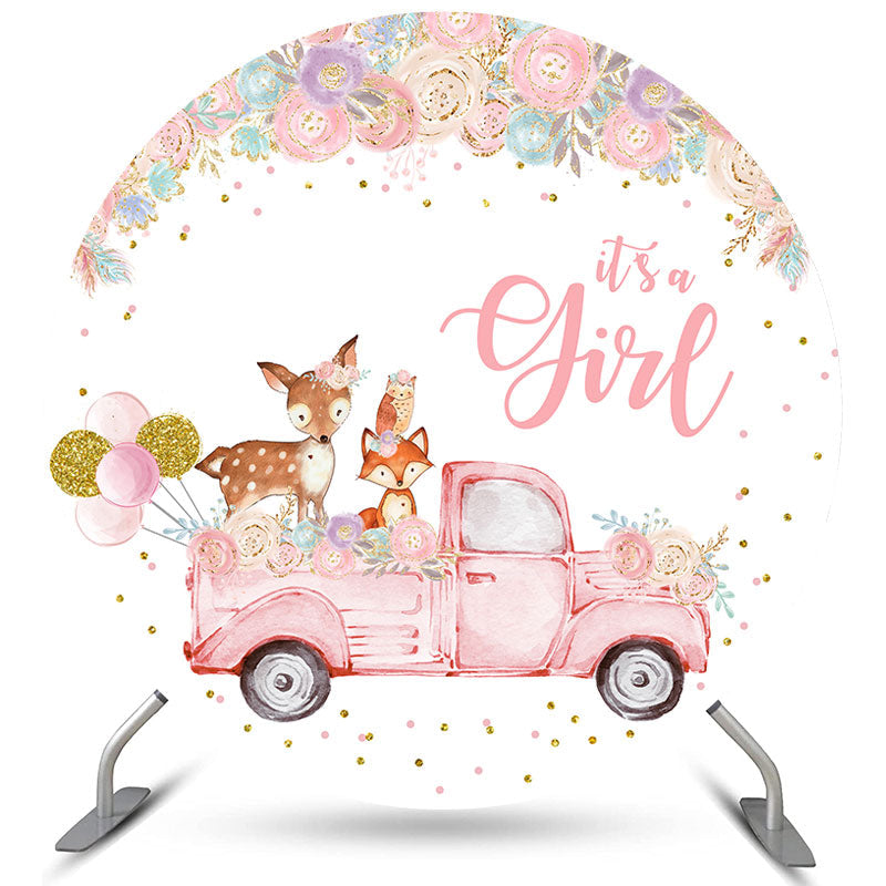 Lofaris Round Floral Animal On The Truck Baby Shower Backdrop