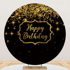 Lofaris Round Glitter Gold Star Black Happy Birthday Backdrop