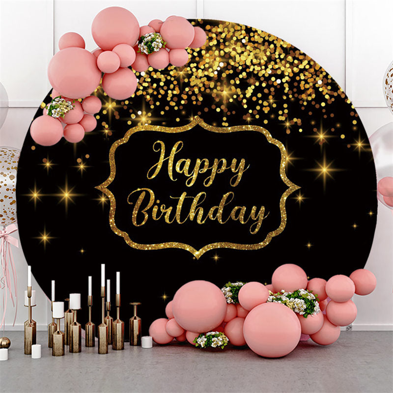 Lofaris Round Glitter Gold Star Black Happy Birthday Backdrop