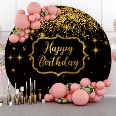 Lofaris Round Glitter Gold Star Black Happy Birthday Backdrop