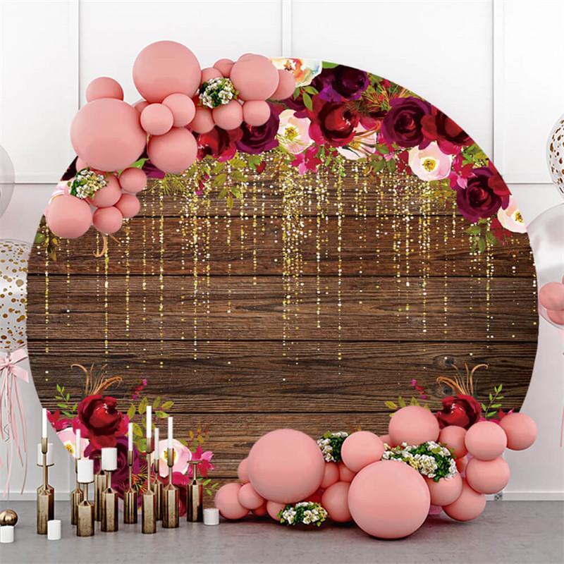 Lofaris Round Glitter Red Rose Wooden Happy Birthday Backdrop