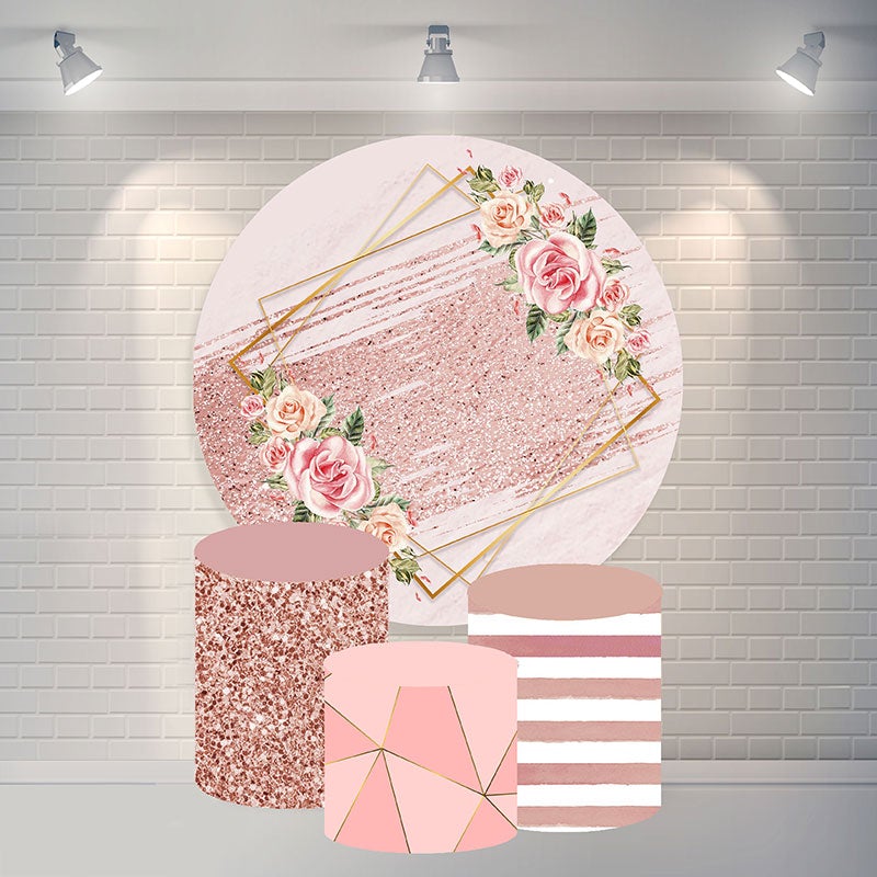 Lofaris Round Glitter Rose Gold Flower Happy Birthday Backdrop