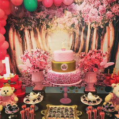 Lofaris Round Pink Flower And Trees Happy Birthday Backdrop