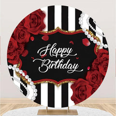 Lofaris Round Rose And White Pearl Happy Birthday Backdrop