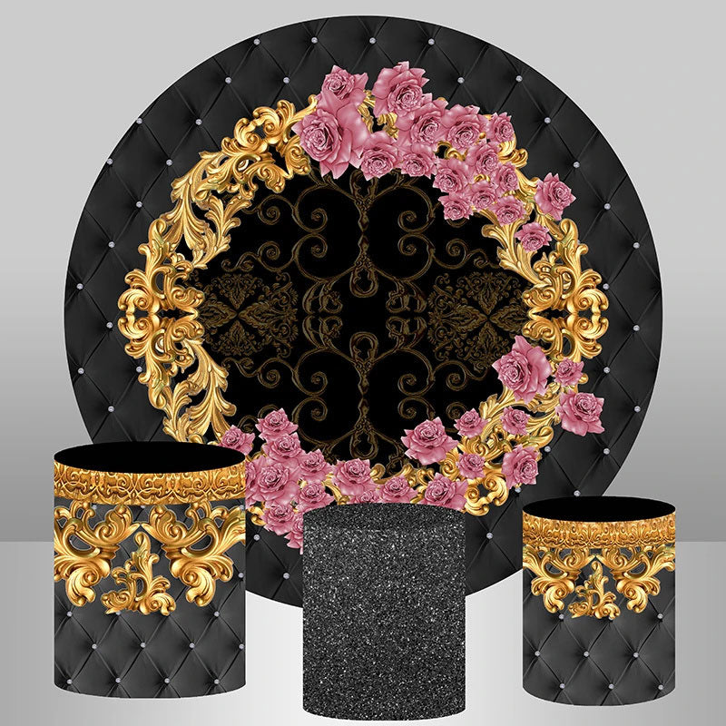 Lofaris Royal Black Gold Floral Round Backdrop Kit For Party