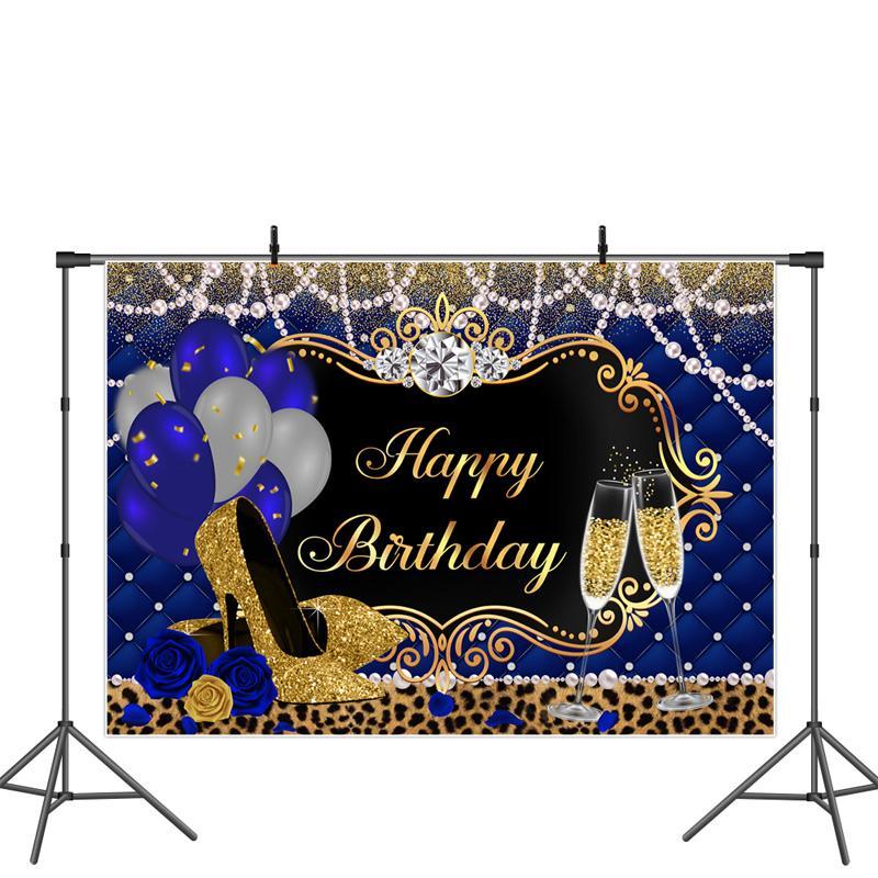 Lofaris Royal Blue Gold and Leopard Happy Birthday Backdrop