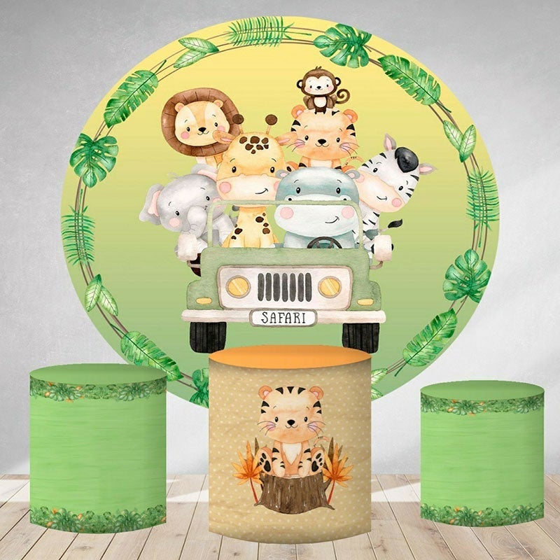 Lofaris Safari Car And Forest Animals Round Birthday Backdrop Kit