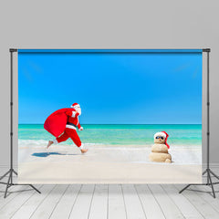 Lofaris Santa Running On The Beach Happy Christmas Backdrop