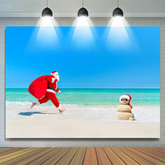 Lofaris Santa Running On The Beach Happy Christmas Backdrop