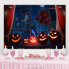 Lofaris Scary Pumpkin Window With Red Curtain Halloween Backdrop