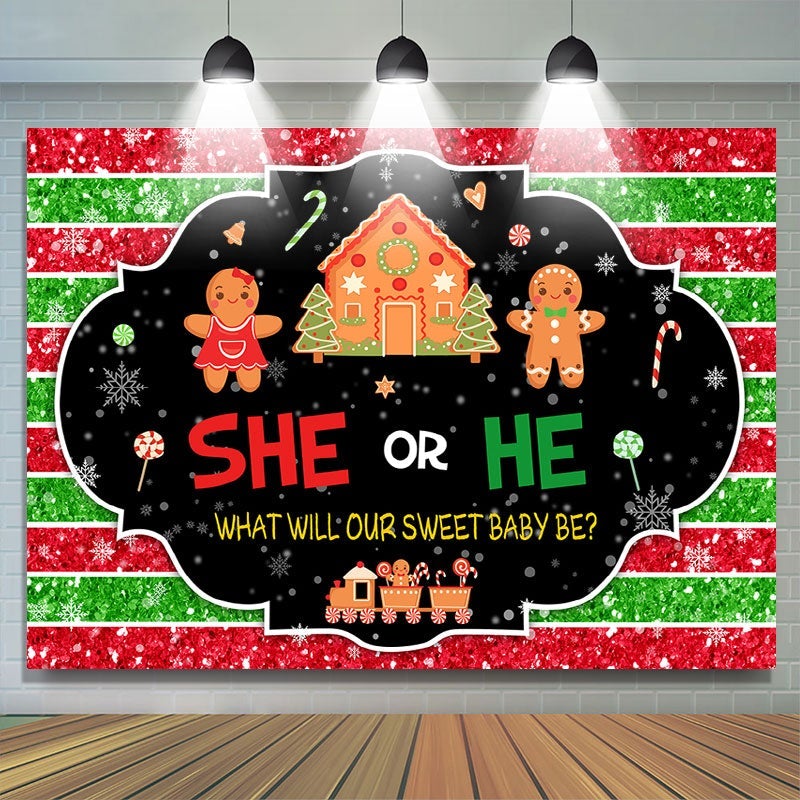 Lofaris She or He stripe Gingerbread Snow Baby Shower Backdrop