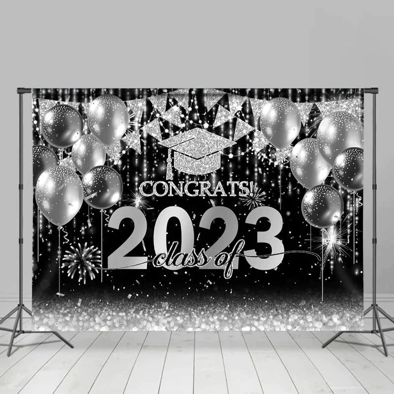 Lofaris Silver Balloon Flag Congrats Class Of 2023 Backdrop