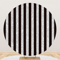 Lofaris Silver Black Stripe Theme Happy Birthday Round Backdrop