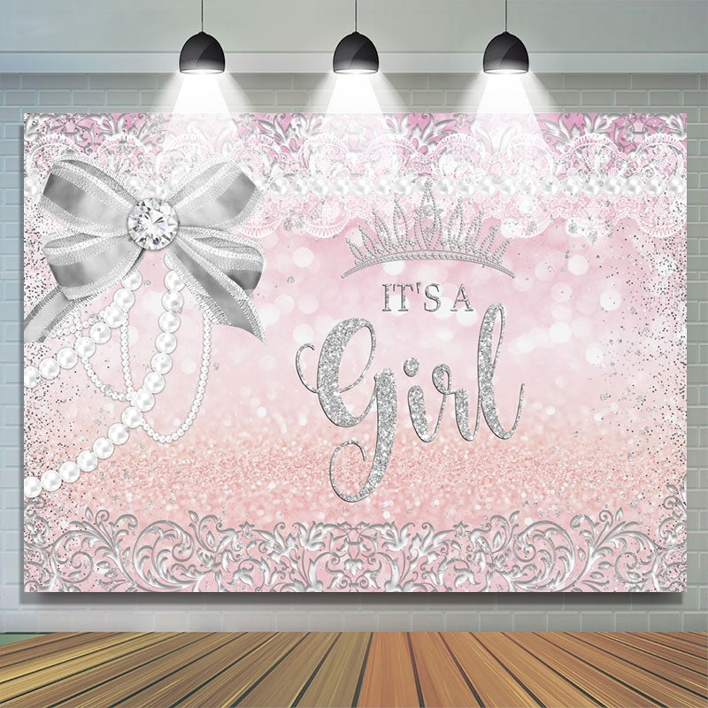 Lofaris Silver Bow And Crown Giltter Pink Baby Shower Backdrop