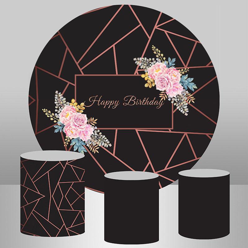 Lofaris Simple Pink Floral Happy Birthday Black Round Backdrop