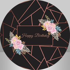 Lofaris Simple Pink Floral Happy Birthday Black Round Backdrop