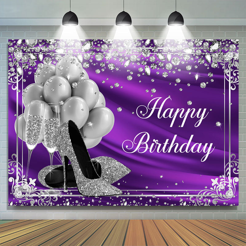 Lofaris Silver Balloon and Diamonds Purple Birthday Backdrop