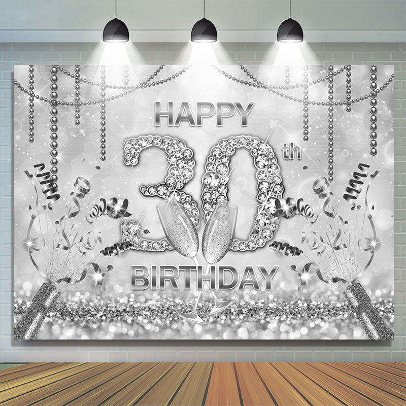 Lofaris Silver Bokeh Diamonds Happy 30th Birthday Party Backdrop