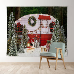 Lofaris Snow Forest Merry Christmas Tree Red Bus Scene Party Backdrop