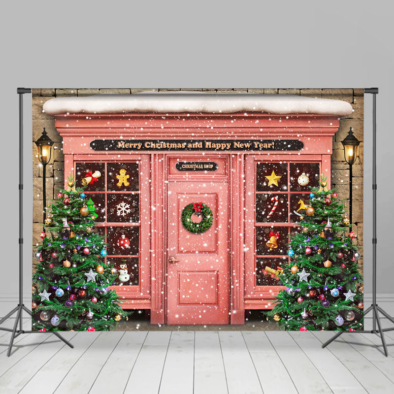 Lofaris UK Snowy Pink House Merry Christmas Happy New Year Backdrop