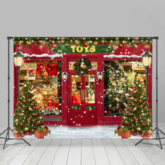 Lofaris Snowy Toy Store With Christmas Wreath Holiday Backdrop