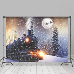 Lofaris Snowy Train Cross The Forest Merry Christmas Backdrop