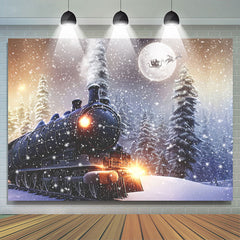 Lofaris Snowy Train Cross The Forest Merry Christmas Backdrop