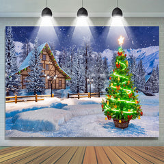 Lofaris Snowy White Cabin With Shiny Christmas Tree Backdrop