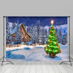 Lofaris Snowy White Cabin With Shiny Christmas Tree Backdrop