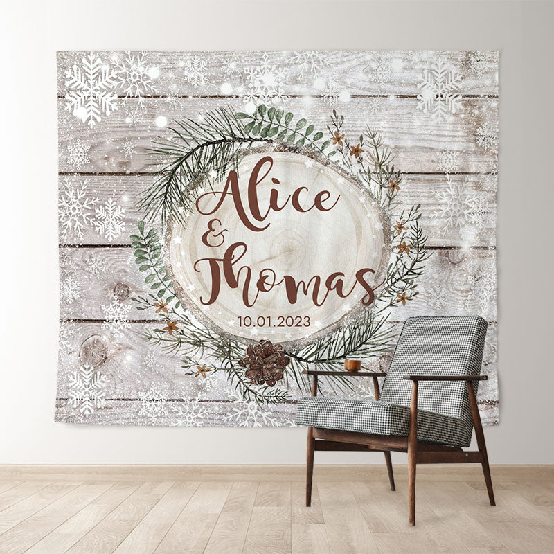 Lofaris Snowy Winter Falling In Love Wooden Backdrop For Couple