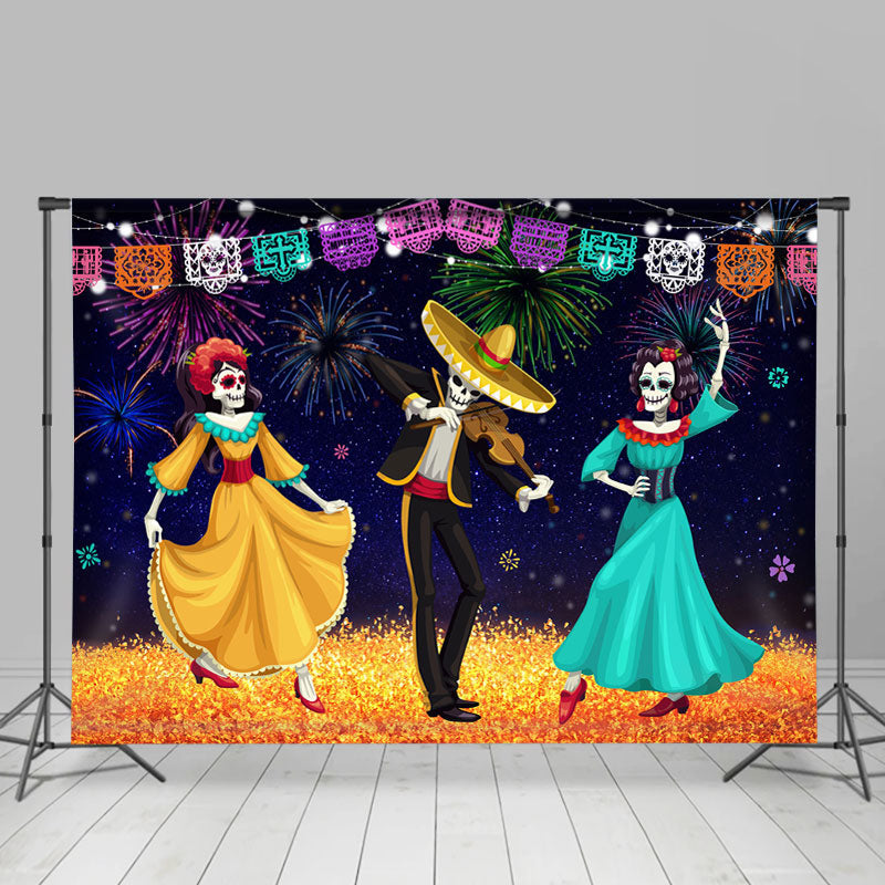 Lofaris Fireworks Cartoon Skeleton Dance Party Mexican Fiesta Backdrop