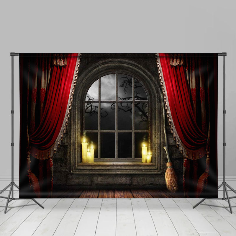 Lofaris Spooky Night Window Red Curtain Halloween Theme Backdrop