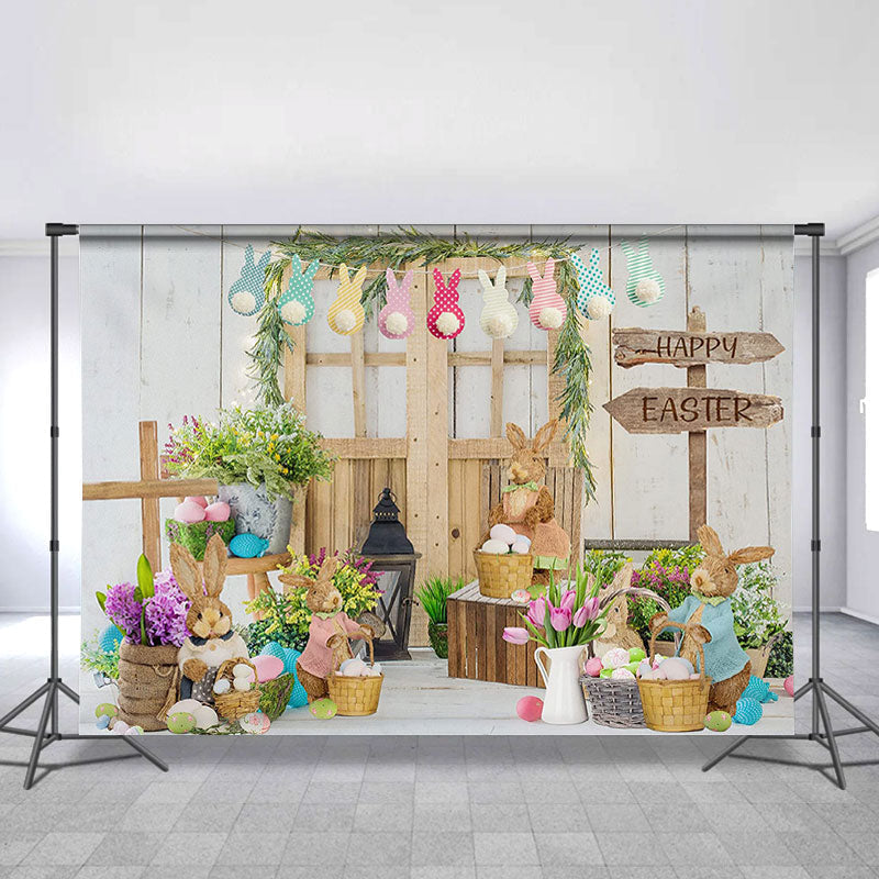 Lofaris Spring Floral Wood Door Rabbit Happy Easter Backdrop